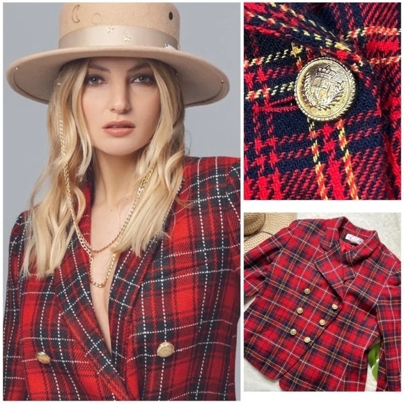 Norton McNaughton Sz 10P Red Tartan Gold Crest Button Wool m Blazer Jacket Women - Picture 1 of 11